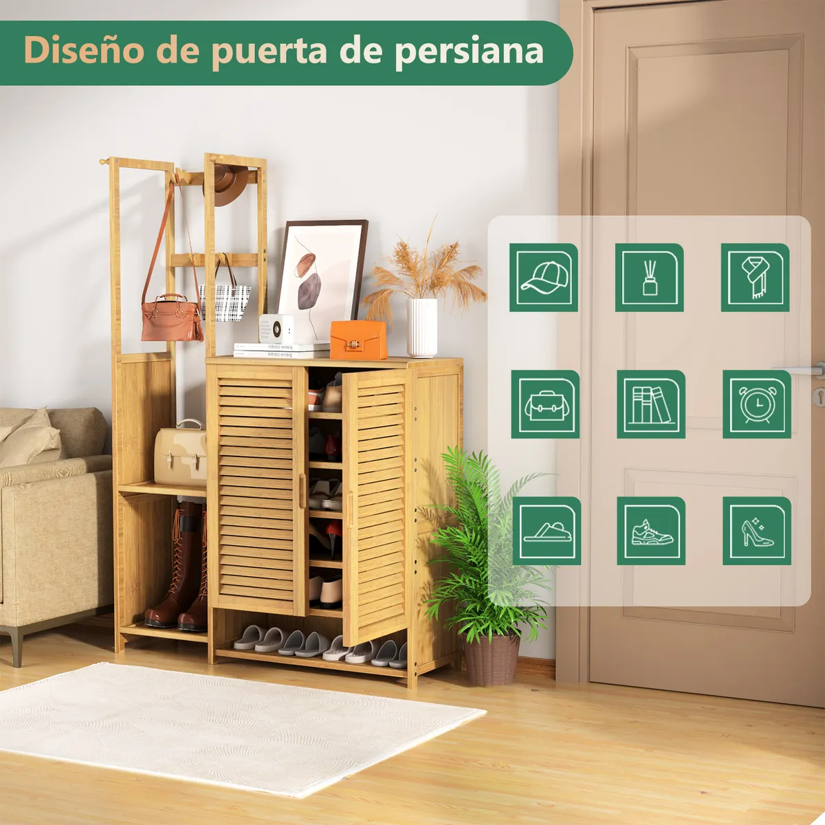 AIZO - AIZO Zapatero Bambú 6 Niveles + Perchero 100x163cm Natural