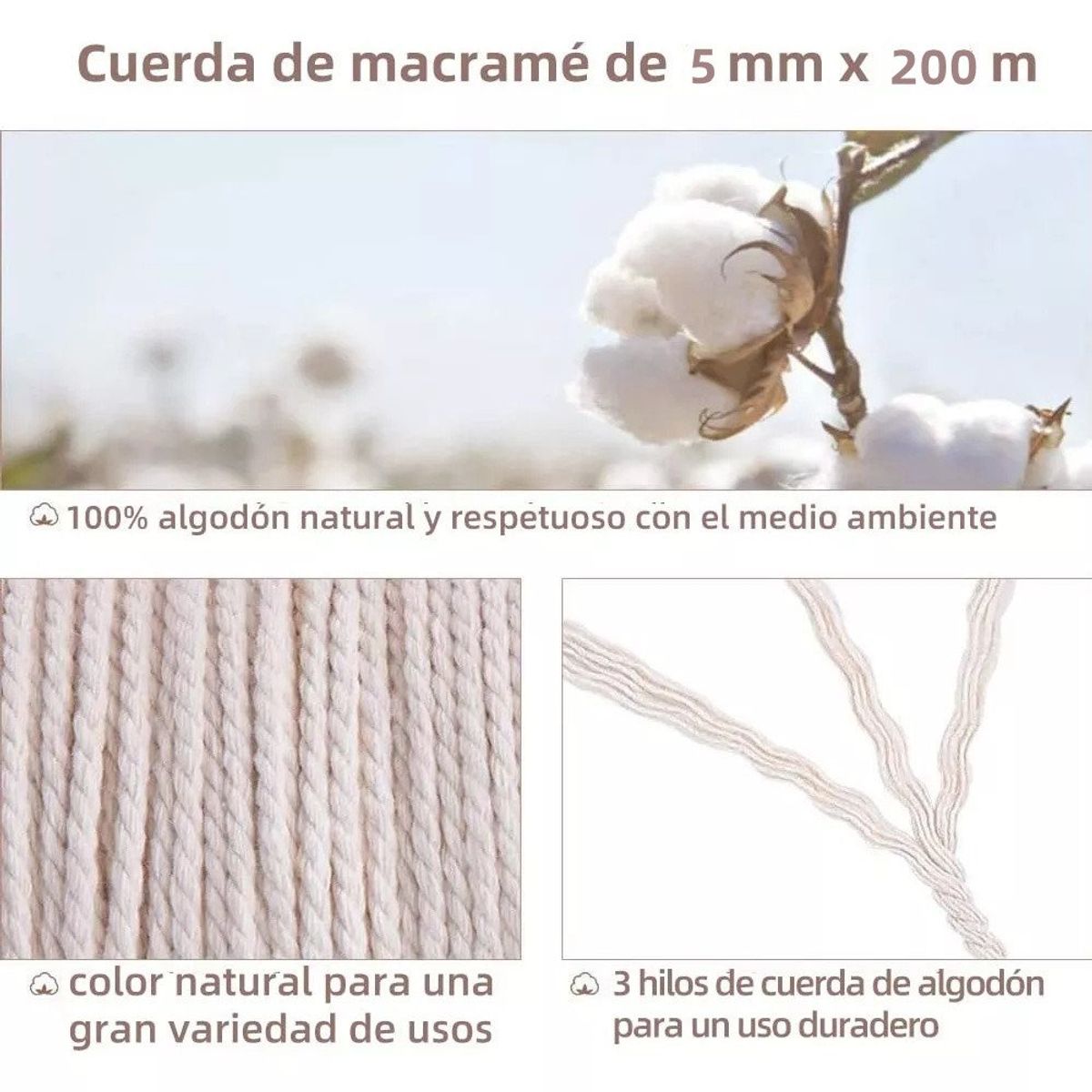 KUANGYE - Hilo De Algodón Natural Para Macramé 5mmX200m Cordón Detejer Blanco