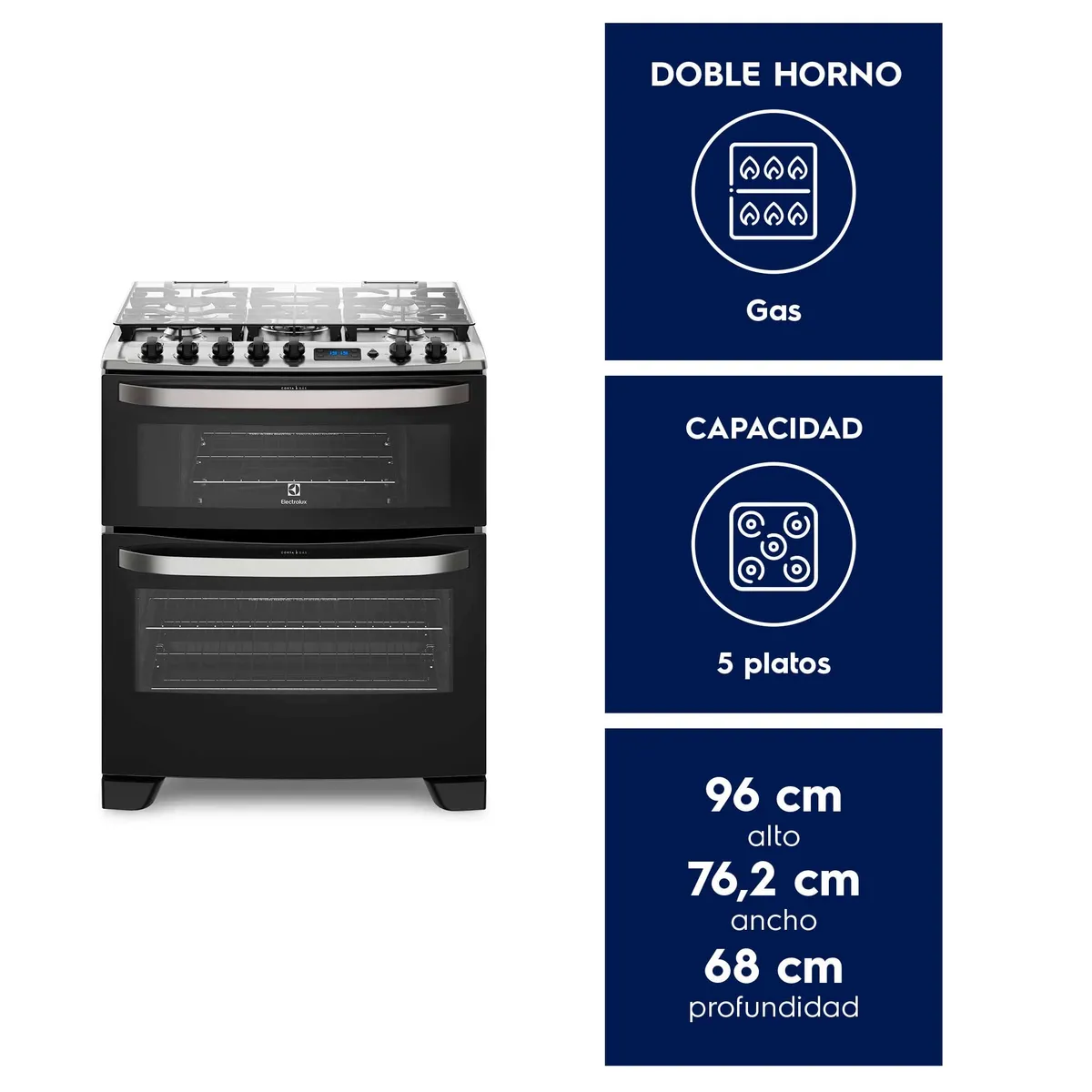 ELECTROLUX - Cocina a Gas 5 Platos Electrolux Experience Doble Horno y Timer Digital 76DBA Negra