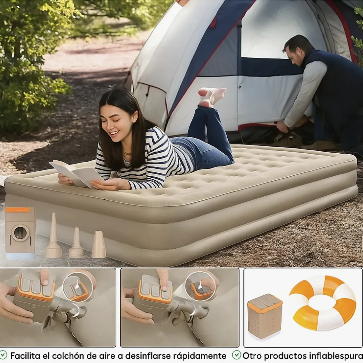 HOMER OUTDOOR - Colchón Inflable Queen Homer Design 2 Plazas Bomba Con Literna Eléctrica Recargable 2 Almohada