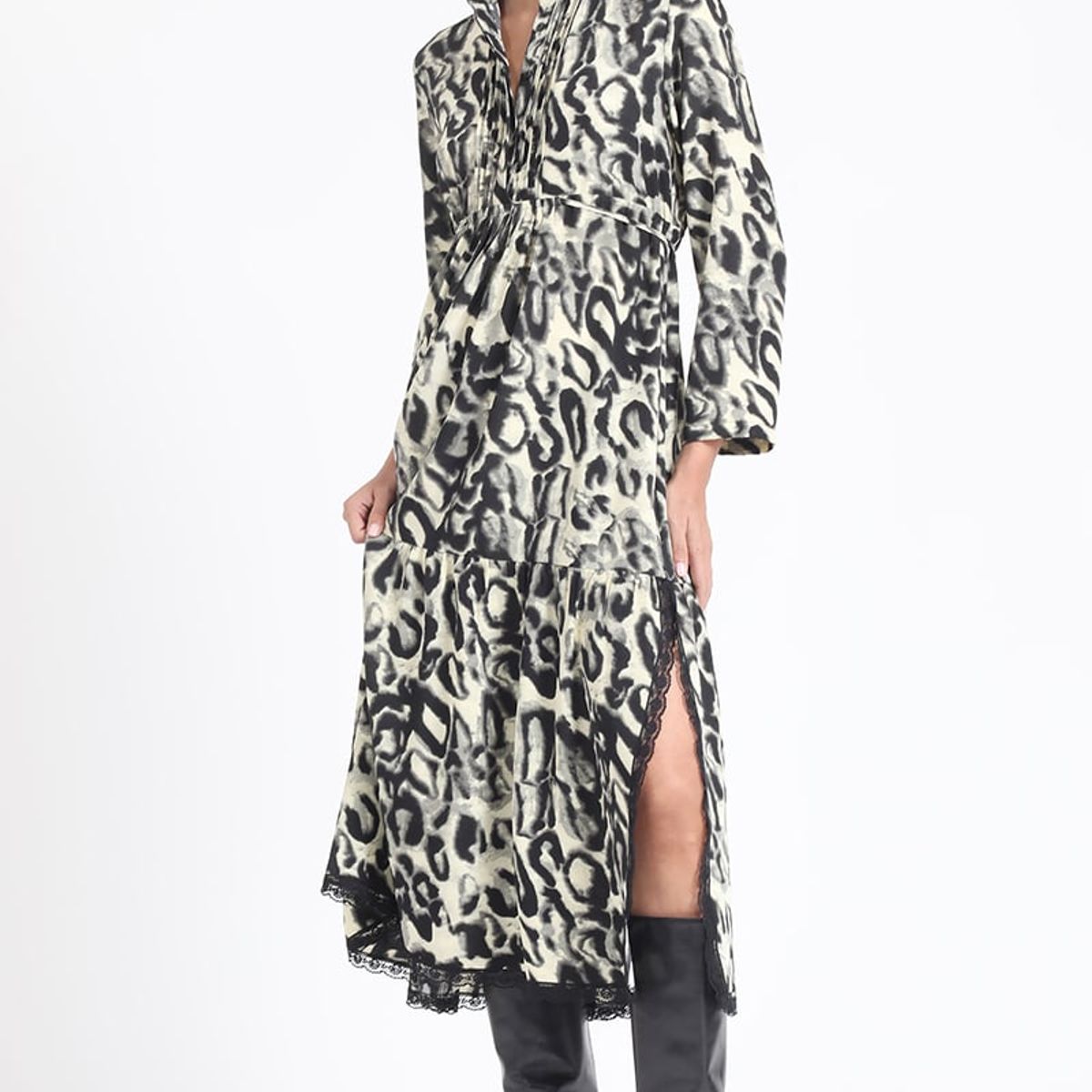 LIOLA - Vestido Largo Fluido Estampado Animal Negro Liola