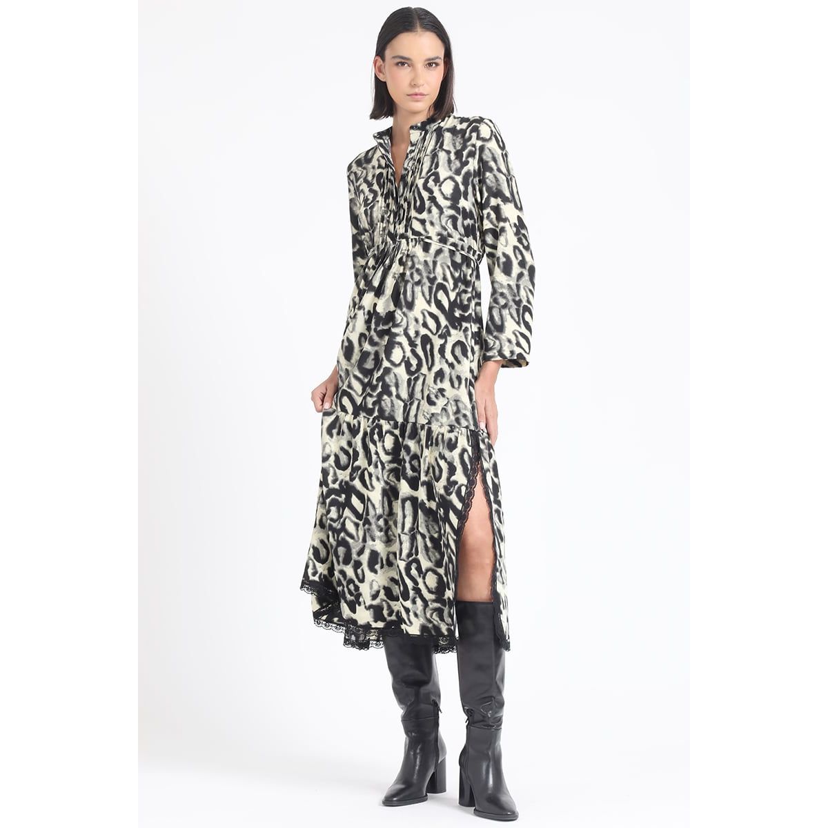 LIOLA - Vestido Largo Fluido Estampado Animal Negro Liola