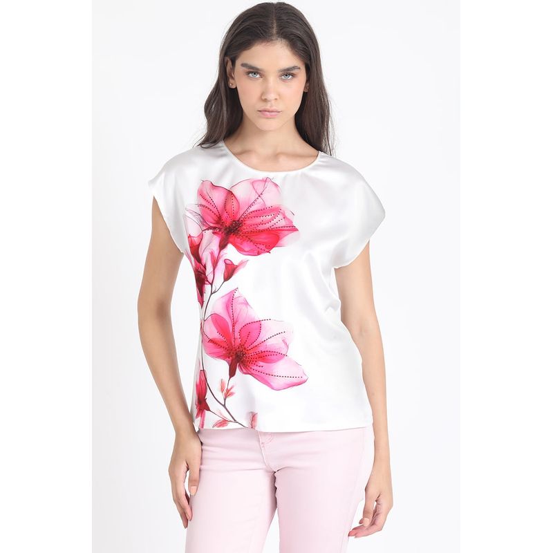 LIOLA - Polera Con Satin Flor Fucsia Crudo Liola
