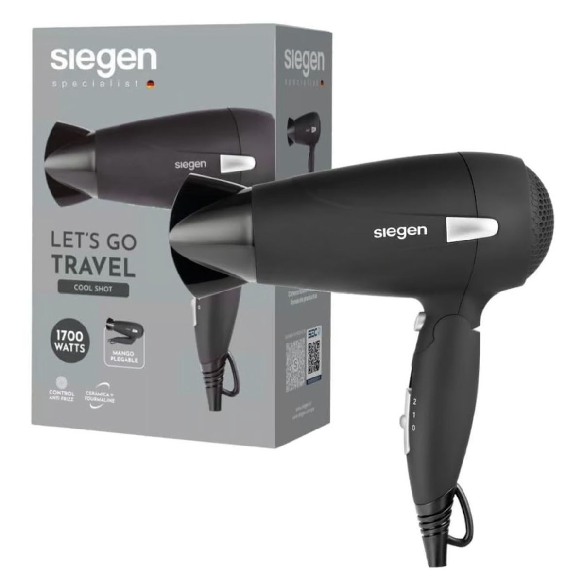 SIEGEN - Secador de Pelo Tourmalina Ion Siegen Letsgo Travel Negro SG3012 1700W
