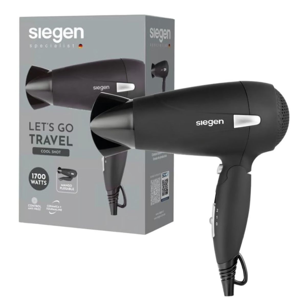 SIEGEN - Secador de Pelo Tourmalina Ion Siegen Letsgo Travel Negro SG3012 1700W