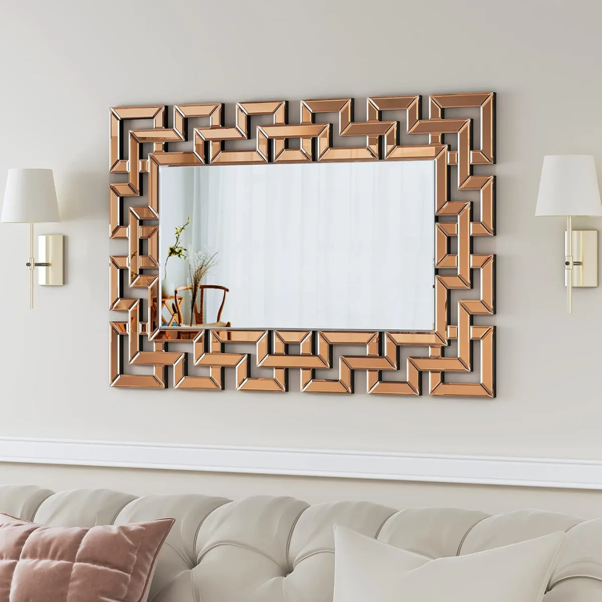 GENERICO - Espejo Rectangular Decorativo 80×120 cm Marco Geométrico Cobre