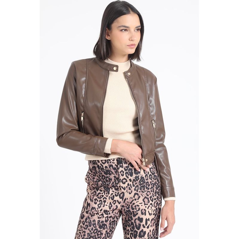 LIOLA - Chaqueta Corta Efecto Cuero, Chocolate Liola
