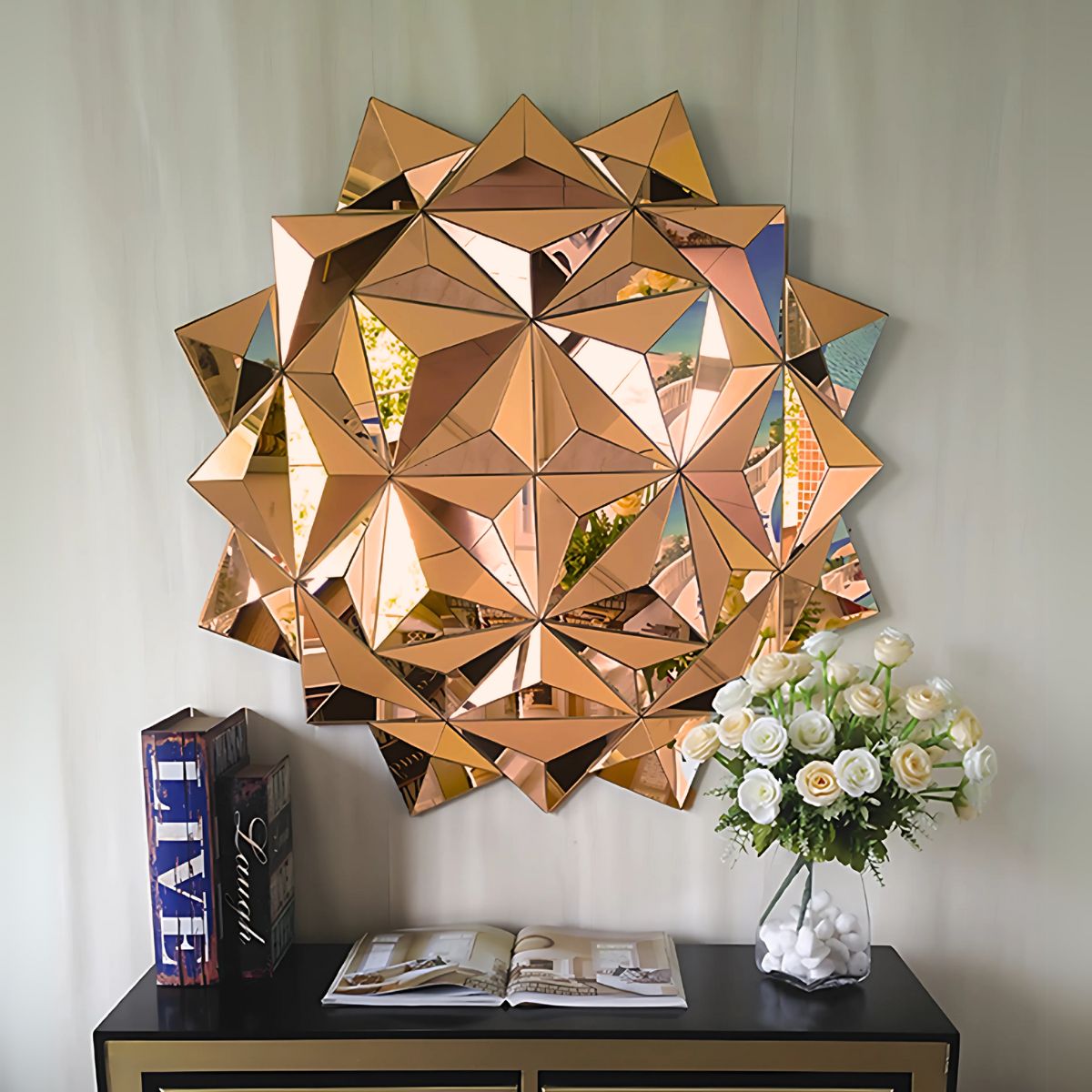 GENERICO - Espejo Decorativo Redondo 90x90 Diseño Geométrico de Triángulos Cobre