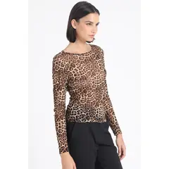 LIOLA - Polera Malla Estampada Animal Print Negro