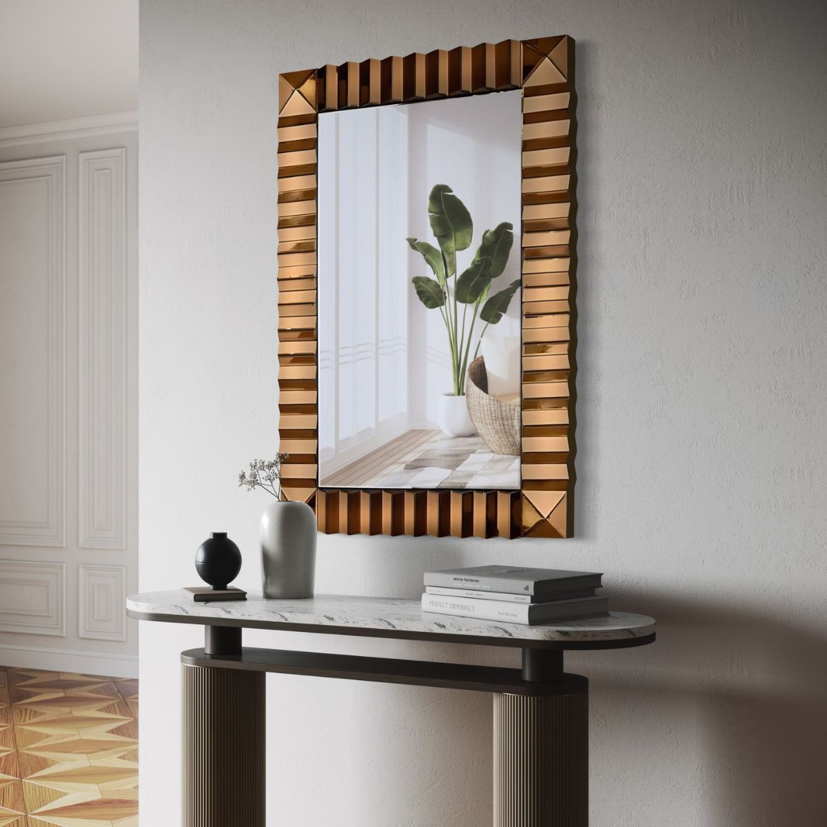 GENERICO - Espejo Decorativo Rectangular 80×120 Marco Espejado Relieve Cobre