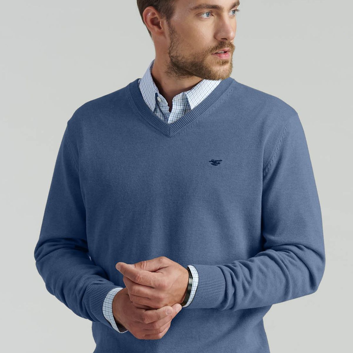 FEROUCH - Sweater V Neck Melange F Smart Casual Azul Ferouch