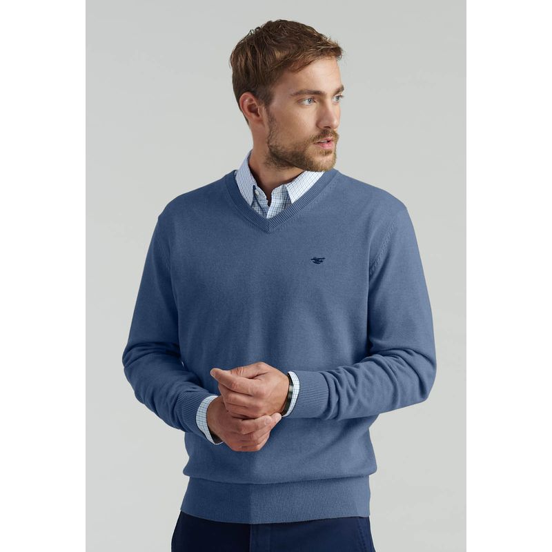 FEROUCH - Sweater V Neck Melange F Smart Casual Azul Ferouch