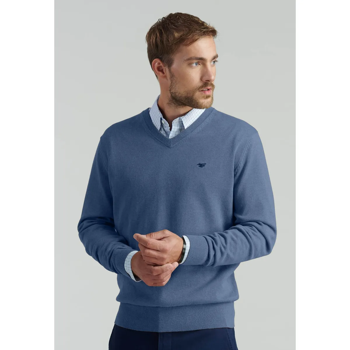 FEROUCH - Sweater V Neck Melange F Smart Casual Azul Ferouch