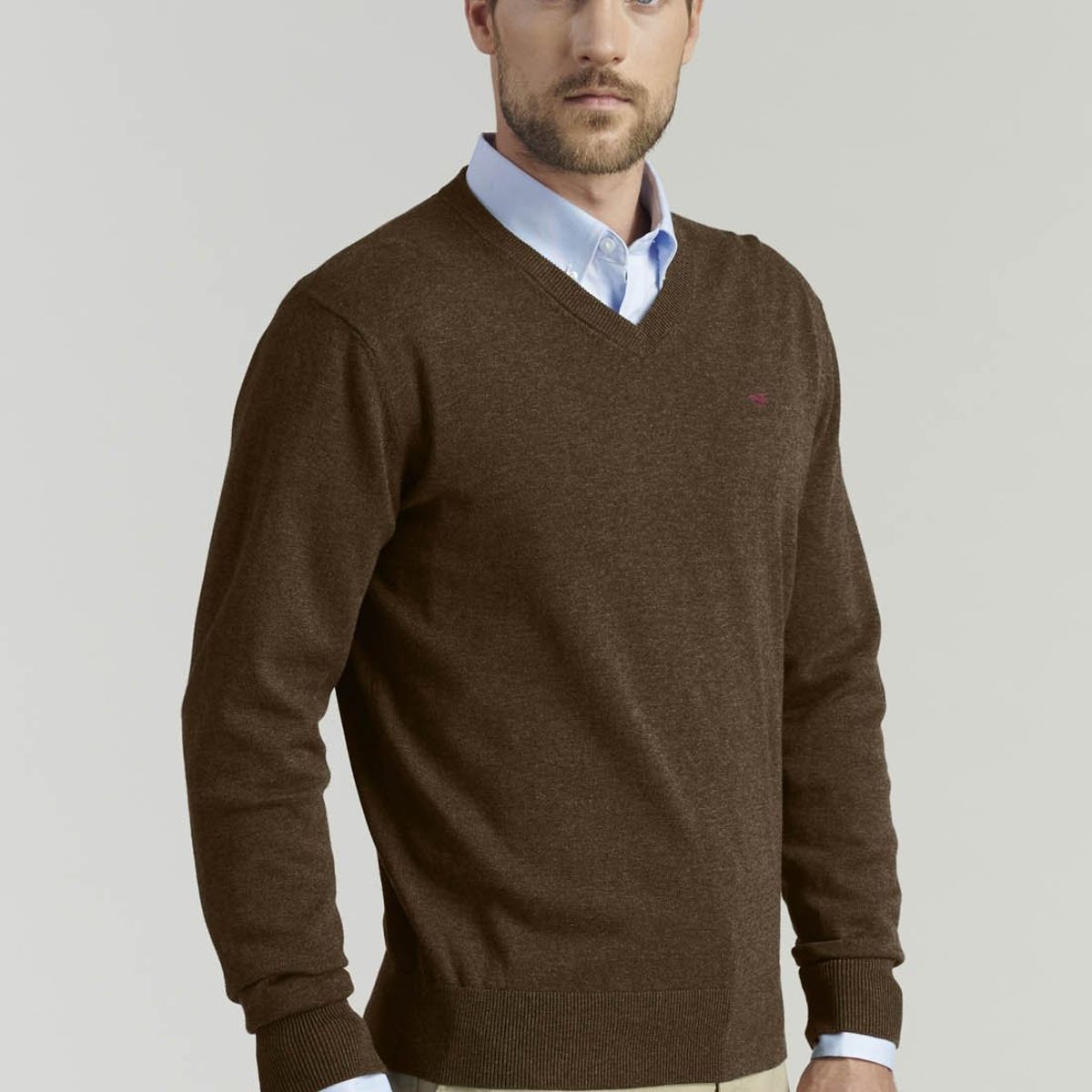 FEROUCH - Sweater V Neck Melange F Smart Casual Café Ferouch