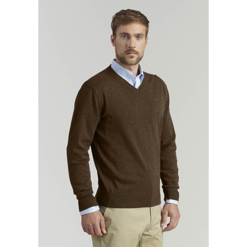 FEROUCH - Sweater V Neck Melange F Smart Casual Café Ferouch