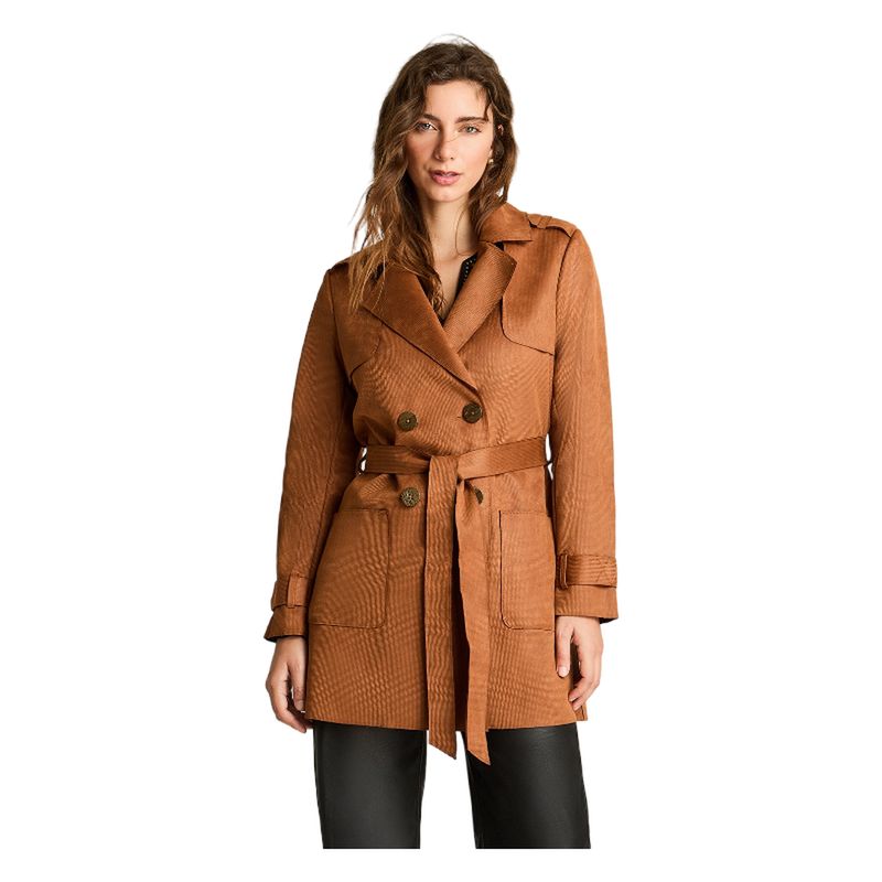 CURVI - Trench Suede Bondeado Manga Larga Con Lazo Camel