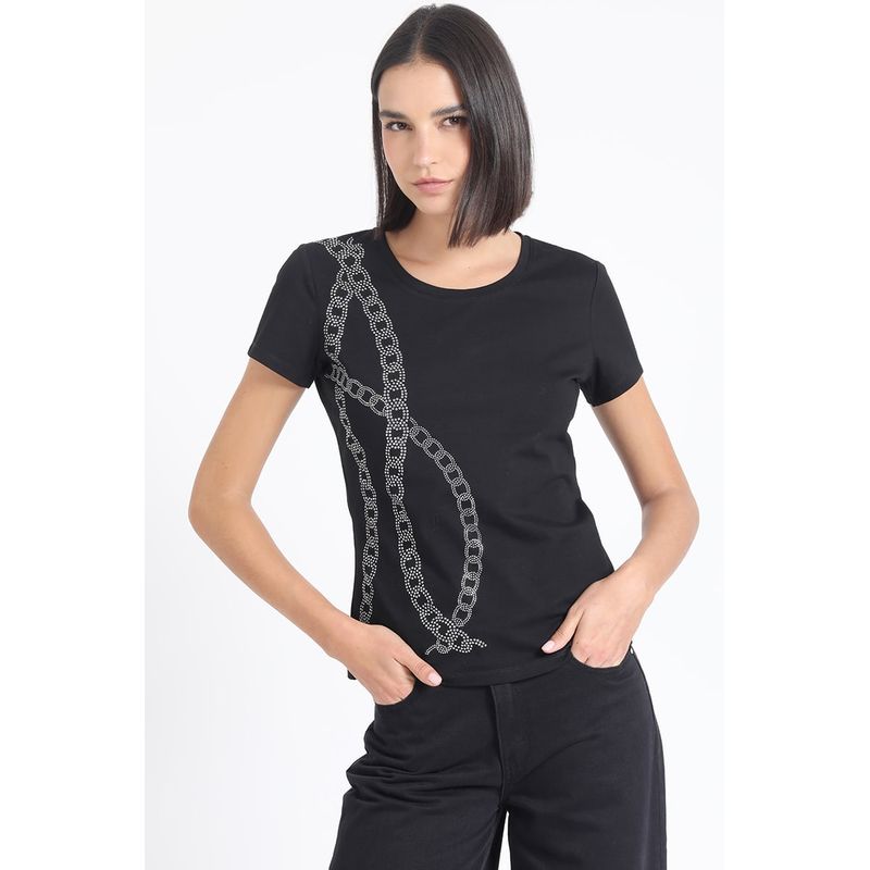 LIOLA - Polera Algodón Spandex, Cadena Strass, Negro Liola