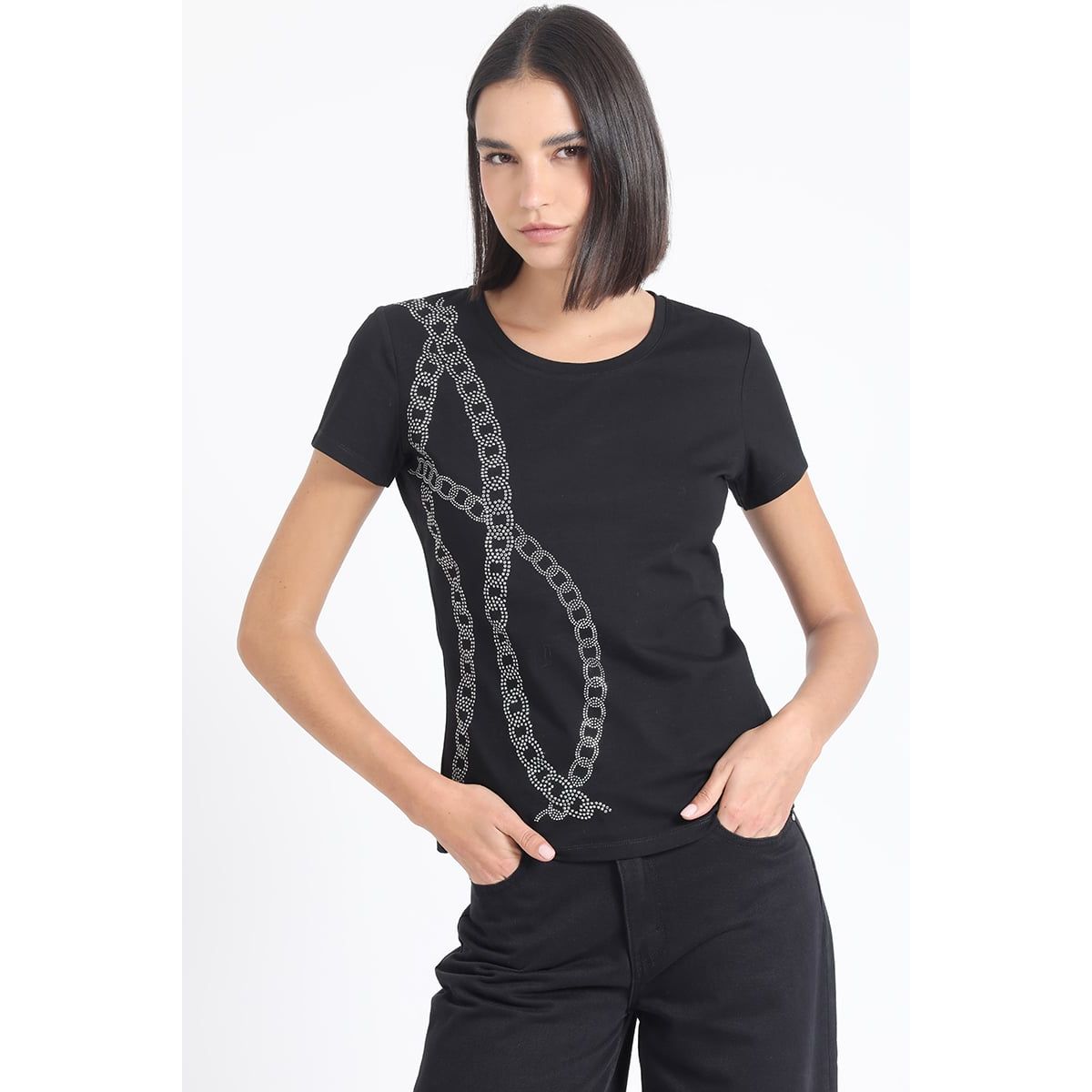 LIOLA - Polera Algodón Spandex, Cadena Strass, Negro Liola