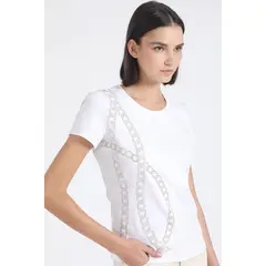 LIOLA - Polera Algodón Spandex, Cadena Strass, Crudo
