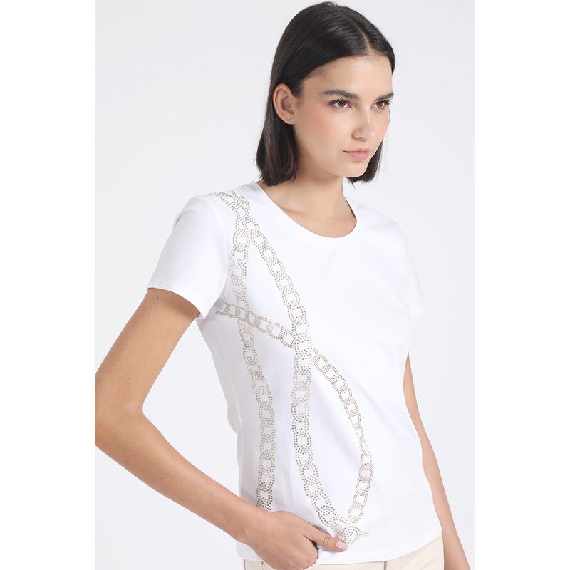 LIOLA - Polera Algodón Spandex, Cadena Strass, Crudo Liola
