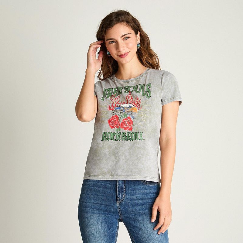ACUARELA - Polera Manga Corta Básica Acid Wash Verde Militar