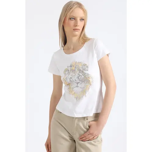 LIOLA - Polera Algodón Estampado Leon Folia Crudo
