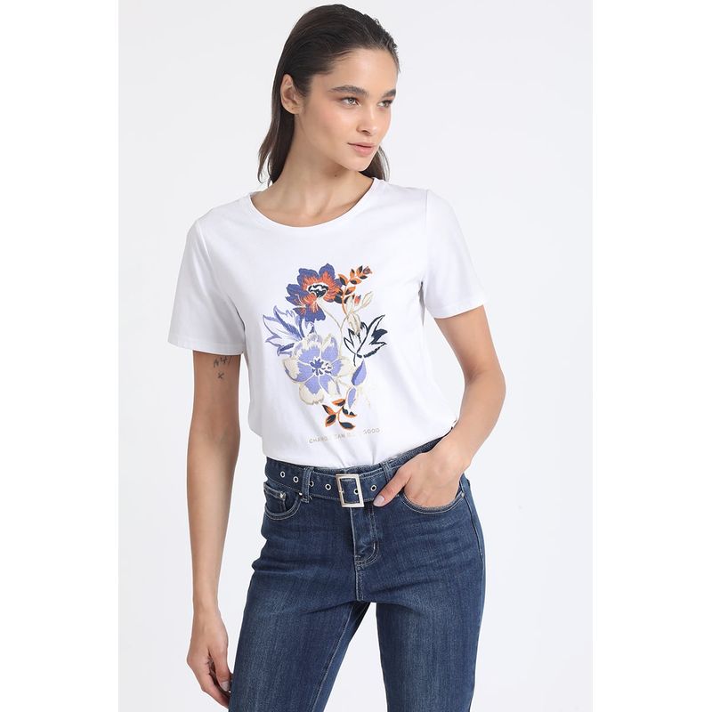 LIOLA - Polera Algodón Estampado Flores Folia Crudo Liola