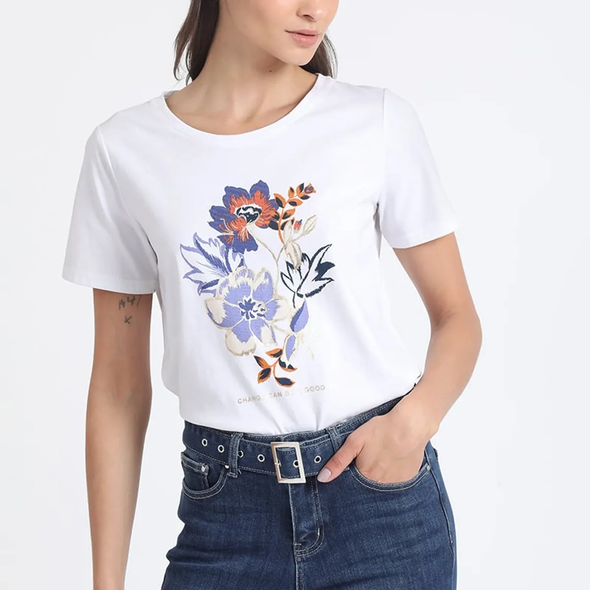 LIOLA - Polera Algodón, Estampado Flores Folia, Crudo Liola