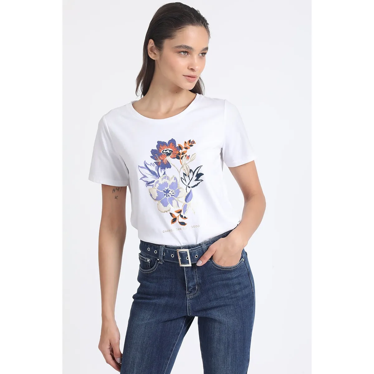 LIOLA - Polera Algodón, Estampado Flores Folia, Crudo Liola