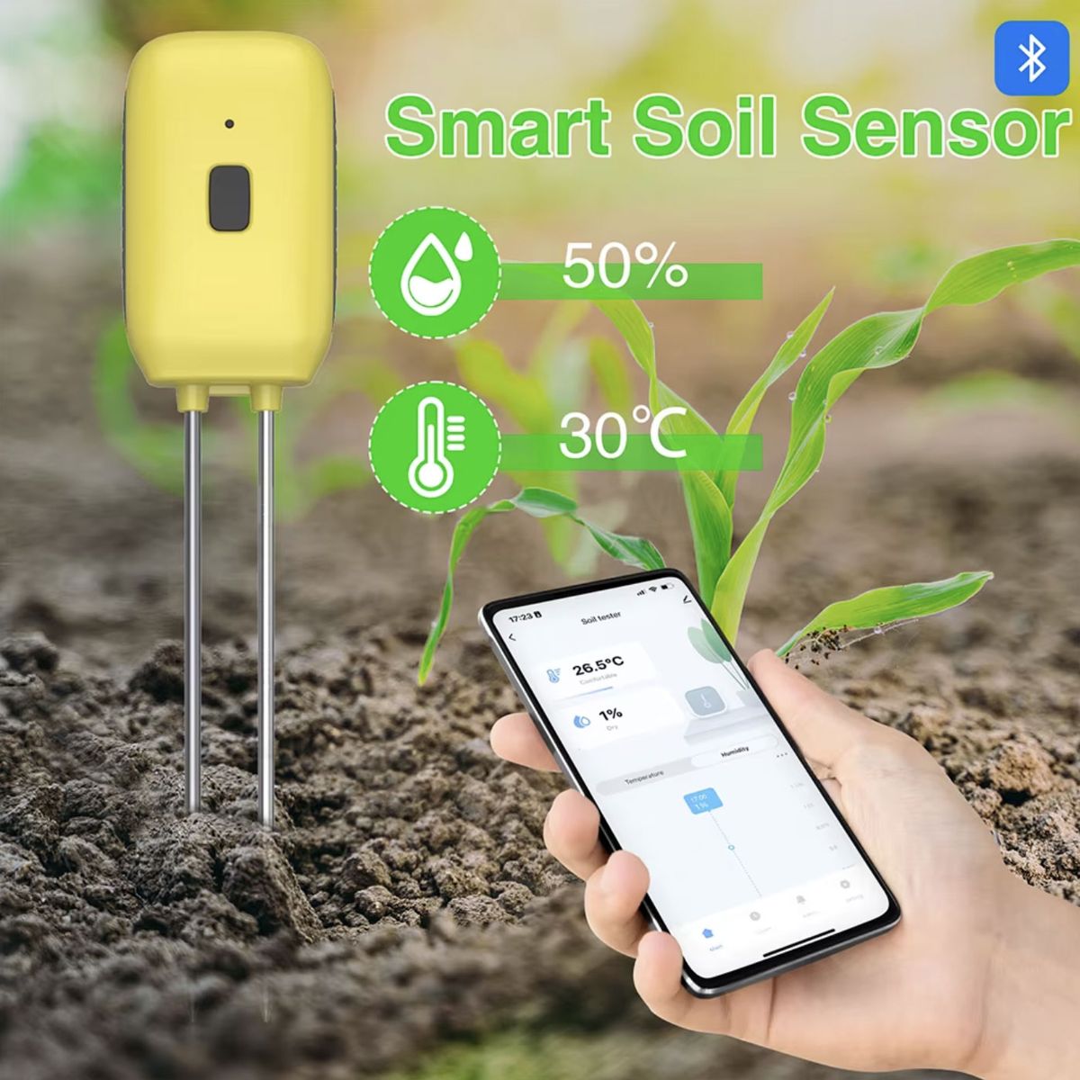 GENERICO - Medidor Suelo Inteligente Bluetooth 2en1 Humedad Temperatura