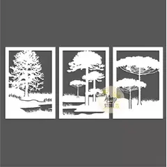 GENERICO - Set de 3 Cuadros Paisaje Árboles Araucarias Blanco