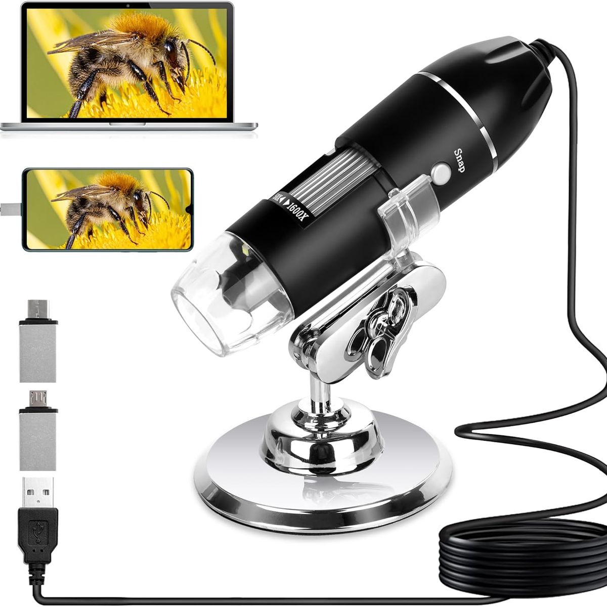 KUANGYE - 3 En 1 Microscopio Digital Usb 1600x Zoom Optico Hd 8 Leds