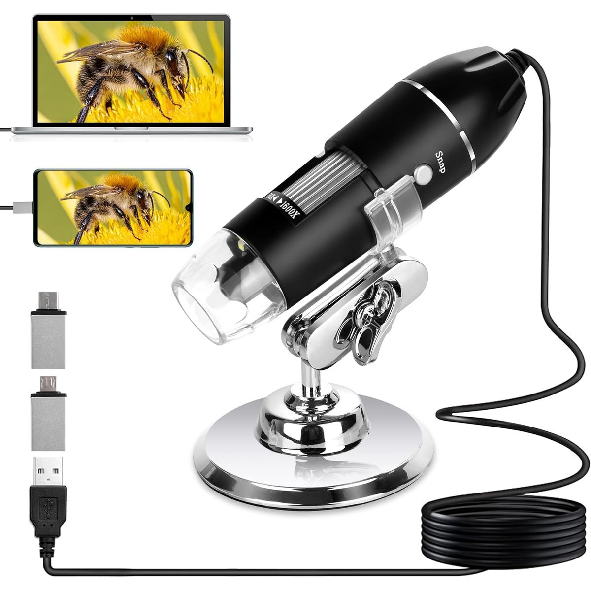 KUANGYE - 3 En 1 Microscopio Digital Usb 1600x Zoom Optico Hd 8 Leds