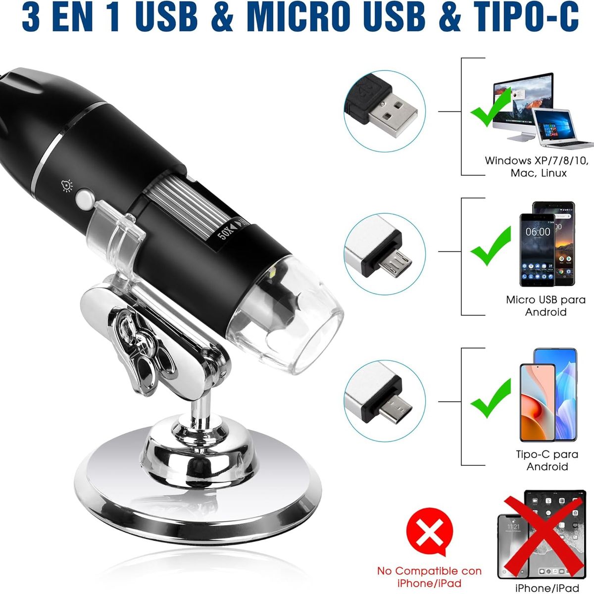 KUANGYE - 3 En 1 Microscopio Digital Usb 1600x Zoom Optico Hd 8 Leds