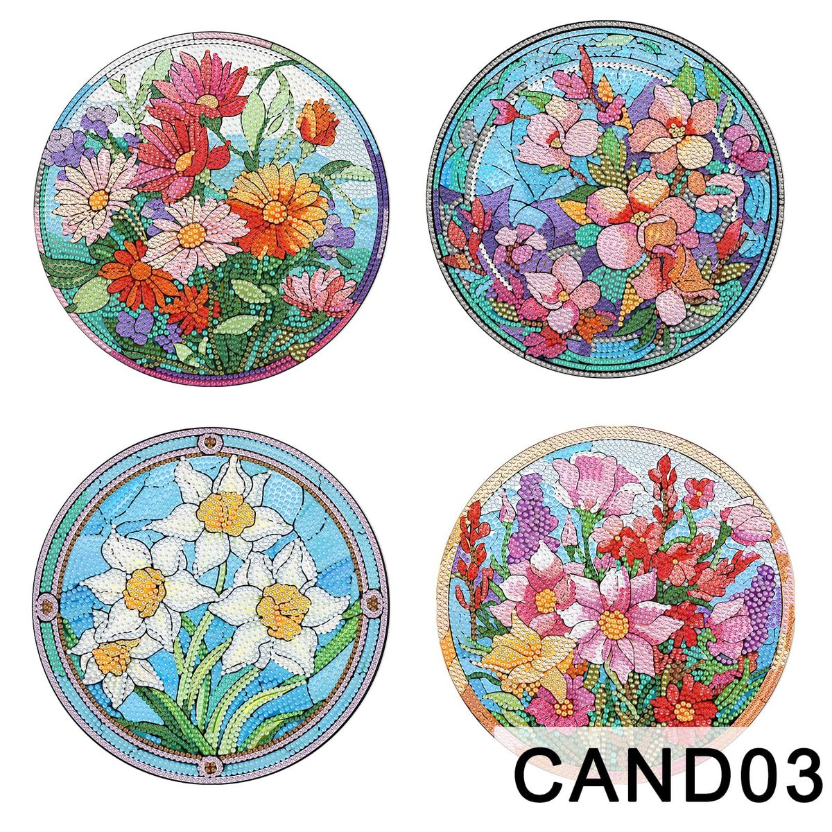 ARTE CONSENTIDO - PINTURA DIAMANTE SET 4 BASES PORTA CALIENTES DE FLORES