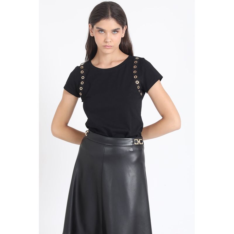 LIOLA - Polera Algodon Aplicación Ojetillos Negro Liola