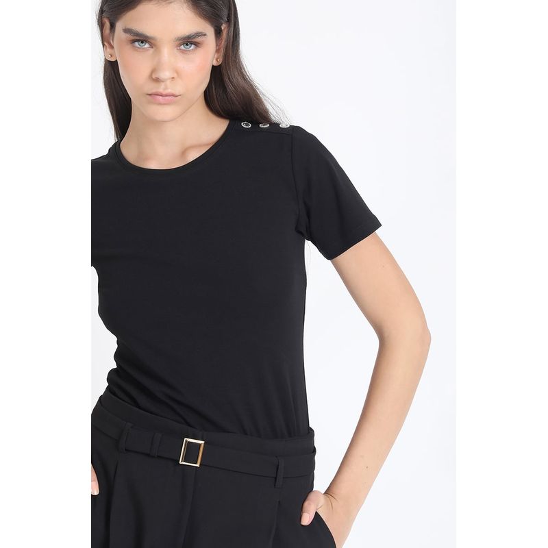 LIOLA - Polera Algodón Spandex Aplicación Strass, Negro Liola
