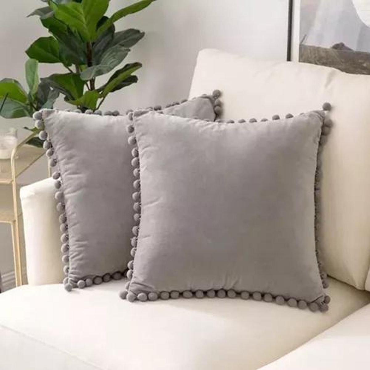 GENERICO - Pack 2 Fundas de Cojines Terciopelo con Pompones 45x45 cm Gris Claro