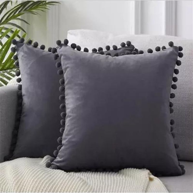 GENERICO - Pack 2 Fundas de Cojines Terciopelo con Pompones 45x45 cm Gris Oscuro