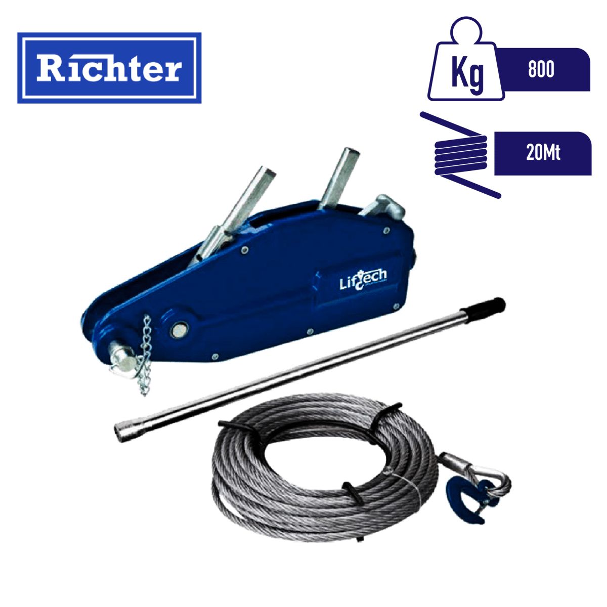GENERICO - Cabrestante manual de tracción Tipo Tirfor 800kg con 20mt de cable