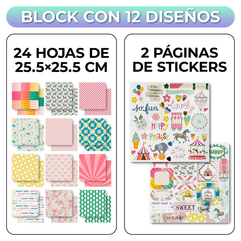 GENERICO - Block Paper Pad Papel 24 Hojas 12 Diseños 25.5x25.5cm Circo