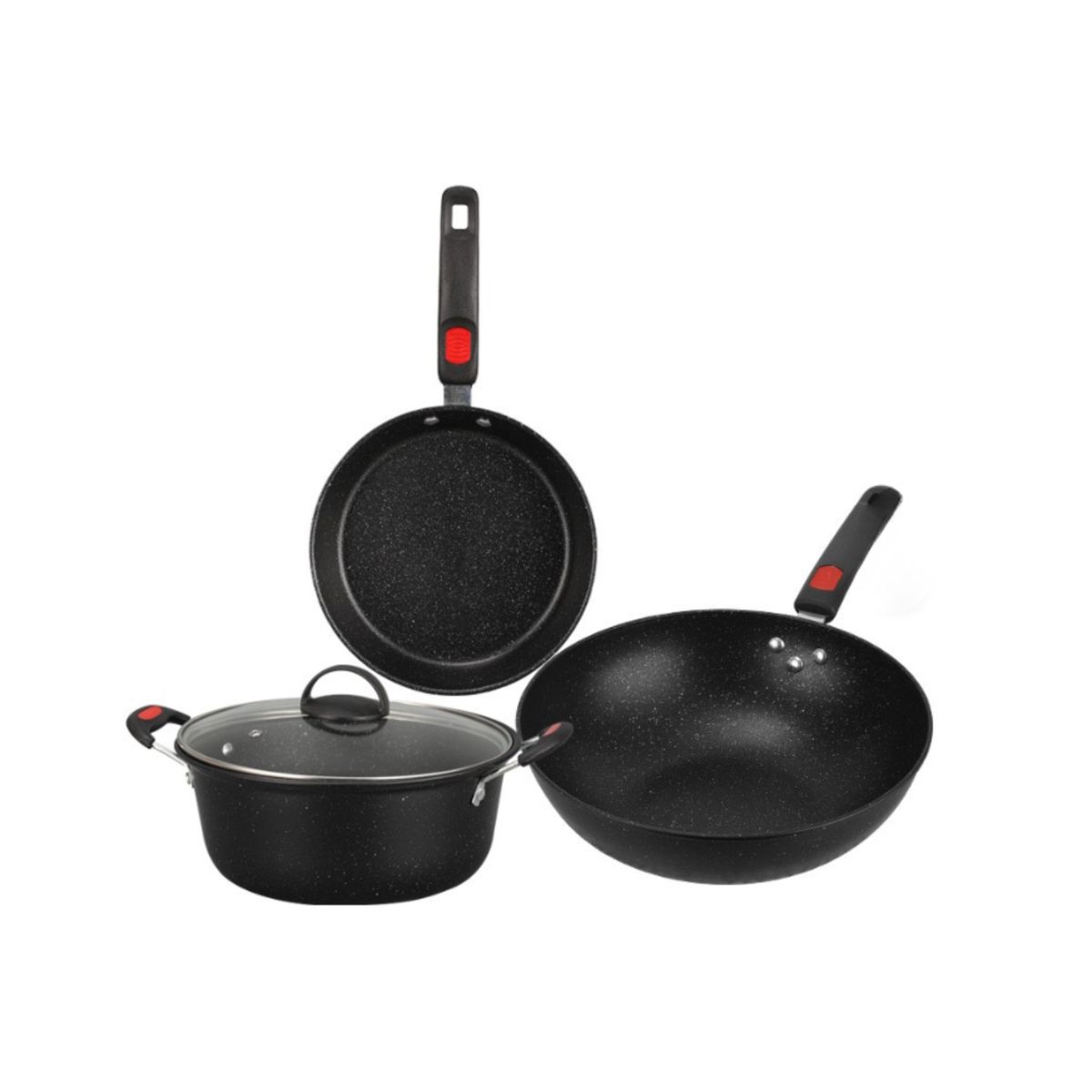 GENERICO - Set De Ollas Y Sartenes Antiadherentes Tipo Piedra  3 Piezas + Tapas
