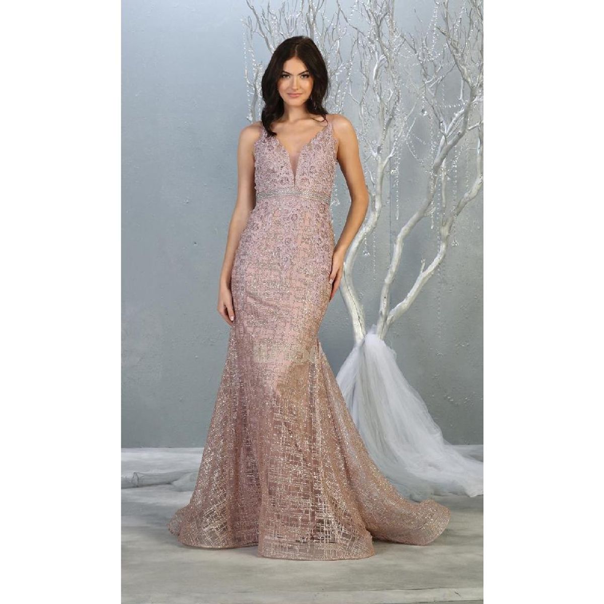 UNIQUE - VESTIDO LARGO L7803 ROSADO - Palo Rosa