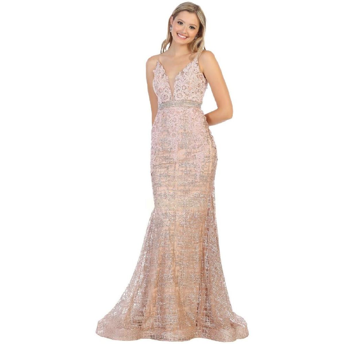 UNIQUE - VESTIDO LARGO L7803 ROSADO - Palo Rosa