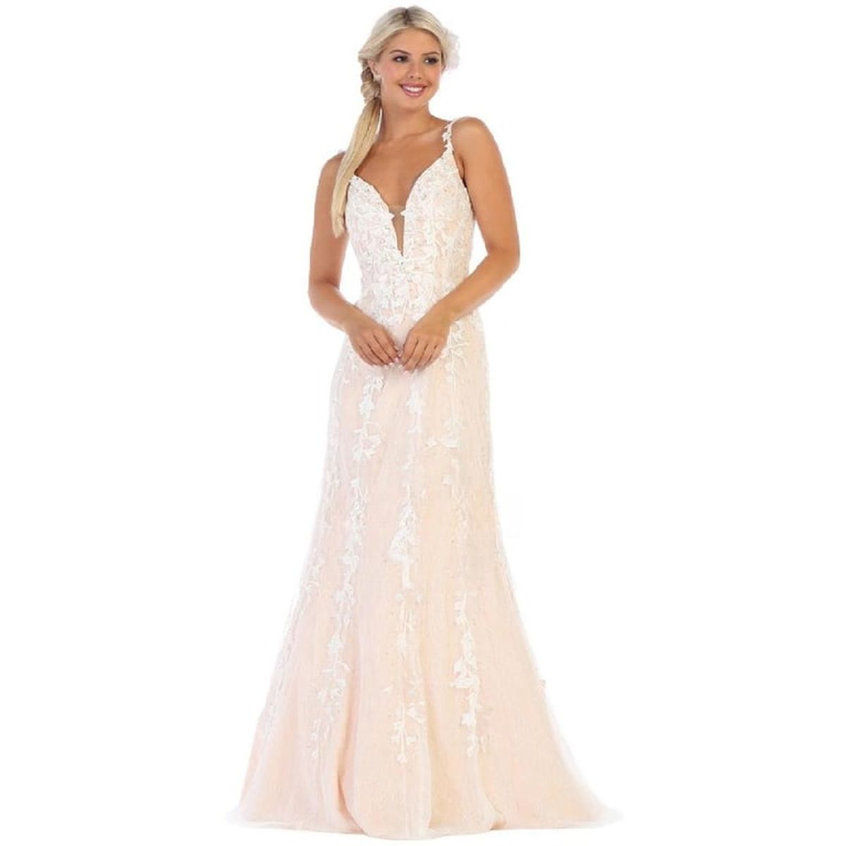 UNIQUE - VESTIDO LARGO L7697 BLANCO NUDE - Blanco