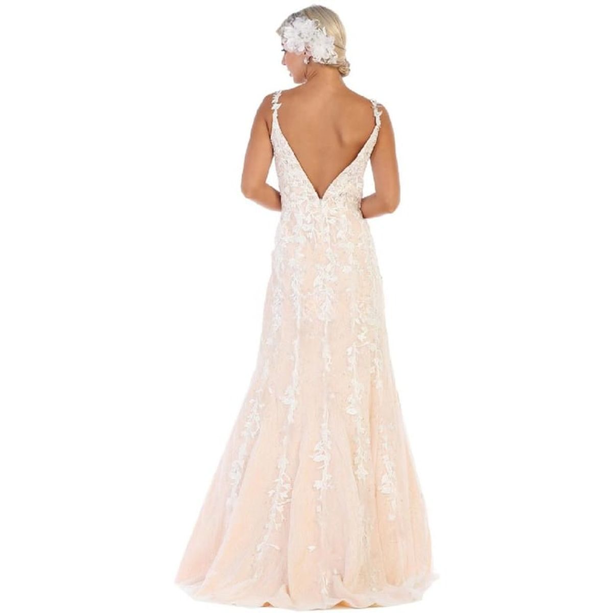 UNIQUE - VESTIDO LARGO L7697 BLANCO NUDE - Blanco