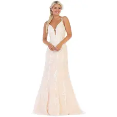 UNIQUE - VESTIDO LARGO L7697 BLANCO NUDE - Blanco