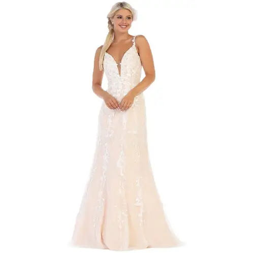 UNIQUE - VESTIDO LARGO L7697 BLANCO NUDE - Blanco