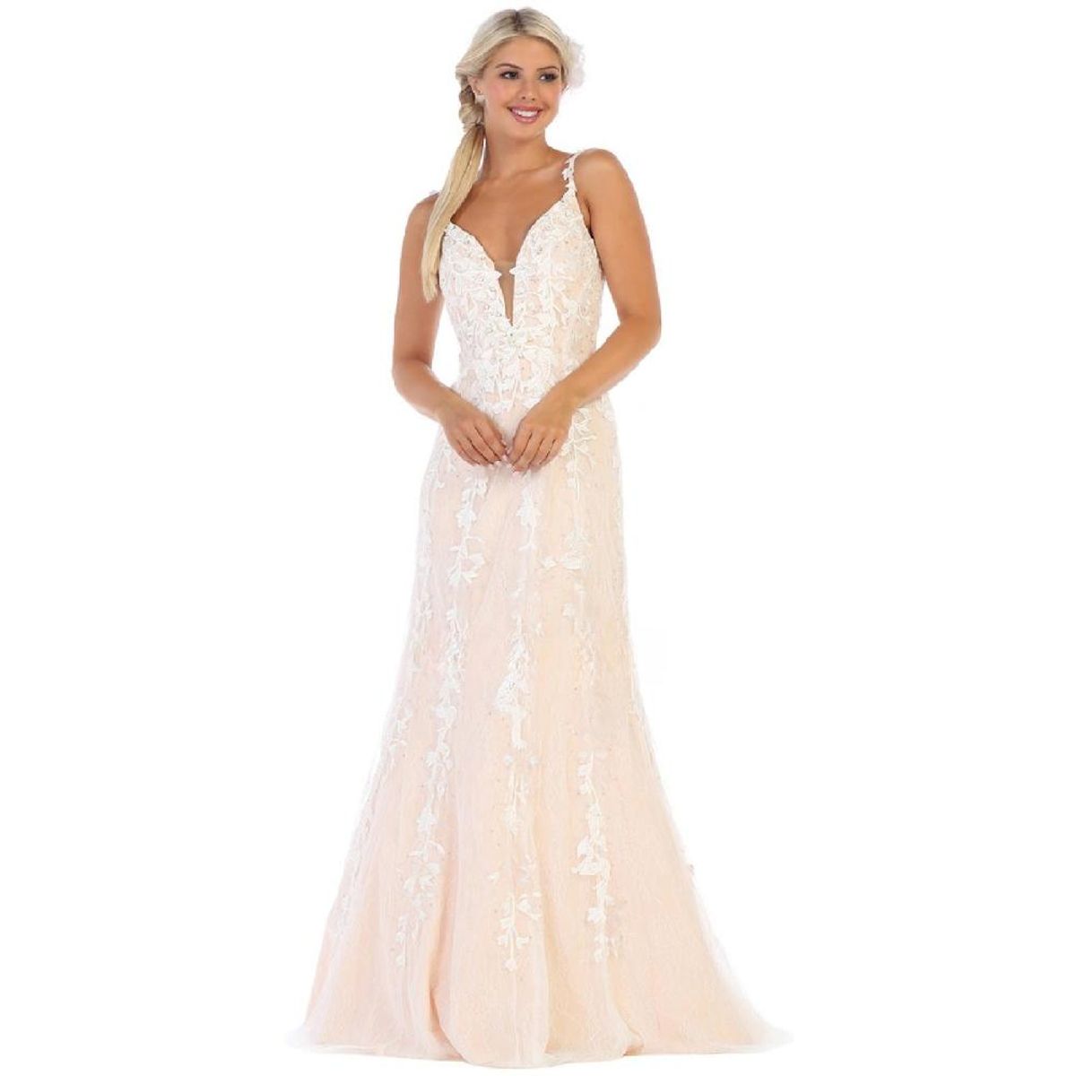 UNIQUE - VESTIDO LARGO L7697 BLANCO NUDE - Blanco