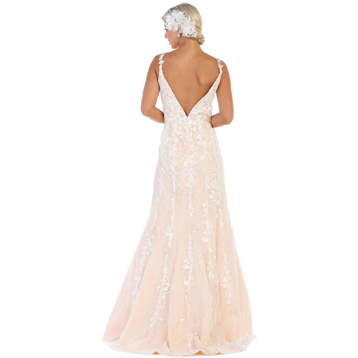 UNIQUE - VESTIDO LARGO L7697 BLANCO NUDE - Blanco